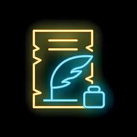 Neon sign representing feather pen writing on paper with ink bottle for copywriting content creation or storytelling vector