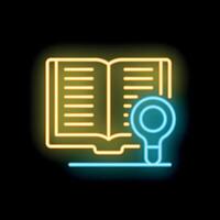 Neon icon of magnifying glass shining light on open book vector