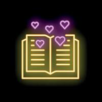 Neon open book with hearts floating above spreading love for reading vector