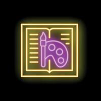Neon icon of paintbrush and palette on open book symbolizing art education vector