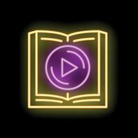 Neon sign of audio book concept with open book and play button icon vector