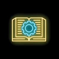 Neon icon of open book with gear representing technical literature vector