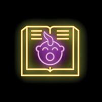 Neon sign representing a baby's face with an open book vector