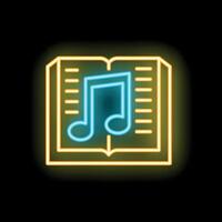 Neon icon of open book with musical note symbol vector