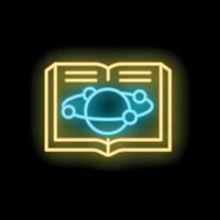Neon icon of book showing solar system planets orbiting vector