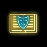 Neon icon of theatrical mask over open book representing dramatic literature vector