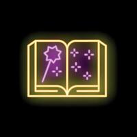 Neon sign of open magic book with magic wand and stars glowing on black background vector