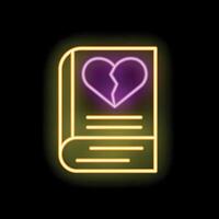 Neon sign of book with broken heart representing sad story vector
