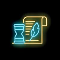 Neon icon of feather pen with paper scroll and hourglass representing copywriting vector