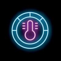 Neon icon of thermometer showing temperature in circle on black background vector