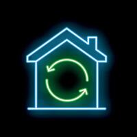 Glowing neon line house with recycling symbol icon isolated on black background vector