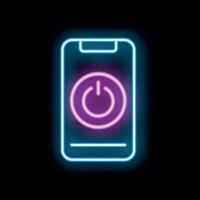 Glowing neon smartphone showing power button on black brick wall vector