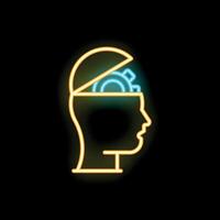 Neon sign of human head with open brain and gears representing thinking process vector