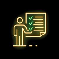 Businessman checking tasks on checklist neon sign icon on black background vector