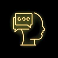 Neon sign representing human head thinking with speech bubbles displaying quotation marks vector