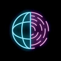 Neon icon showing fingerprint accessing global network vector