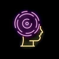 Neon sign representing hypnosis with swirling symbol above human head profile vector
