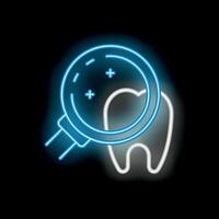 Neon icon of magnifying glass examining a tooth on black background vector