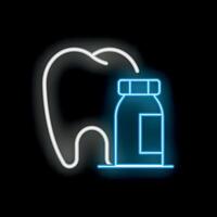 Glowing neon line icon representing a medicine bottle and a tooth, isolated on a black background vector