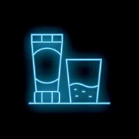 Glowing neon line represents mouthwash in a bottle and glass, isolated on a black background, perfect for hygiene related designs vector