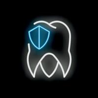 Neon icon of tooth with shield protecting it on black background vector
