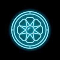 Blue neon sign showing a flower shape with a circle around on a black background vector
