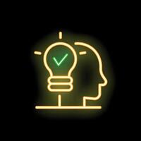 Neon icon of human head silhouette with light bulb and check mark inside vector