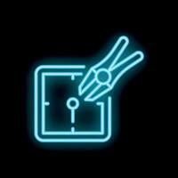 Neon pliers holding a screw being screwed into a socket on black background vector