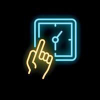 Hand pointing at clock time management neon sign icon vector