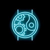 Neon sign of wristwatch with yin yang symbol and gears depicting balance in engineering vector