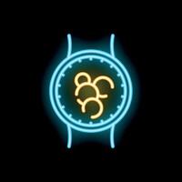 Glowing neon line wristwatch showing clock virus infection warning on a black background vector