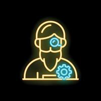 Neon style icon of bearded man looking through magnifying glass representing concept of searching for solution vector