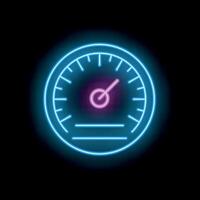 Neon icon of speedometer showing increasing speed on black background vector