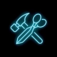 Neon tools icon of hammer chisel and scissors glowing vector