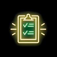 Neon sign of clipboard with check marks on black background vector