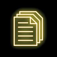 Neon sign showing stack of documents with glowing lines on dark background vector