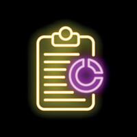 Neon icon of clipboard with pie chart representing data analysis and business strategy vector