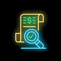 Neon icon style magnifying glass validating financial invoice document vector