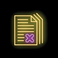Neon icon of documents with delete mark on black background vector