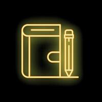 Neon notebook and pencil icon glowing on dark background vector
