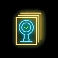 Neon icon of magnifying glass with check mark on documents representing successful search vector