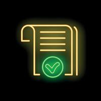 Neon green check mark validating document icon glowing on dark background vector