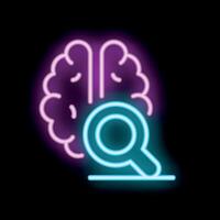 Neon magnifying glass exploring a glowing brain icon vector