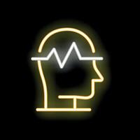 Neon icon of human head profile showing brain activity vector