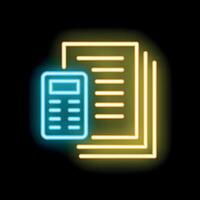 Glowing neon calculator performing accounting calculations on documents icon vector