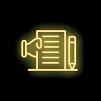 Neon sign of hand holding megaphone announcing with paper and pencil beside vector