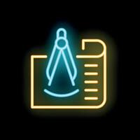 Neon sign showing compass drawing circle on blueprint vector