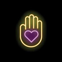 Neon sign of a hand holding a heart on a black background vector