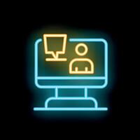 Neon icon of computer displaying person and speech bubble for online communication vector
