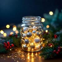 A jar filled with christmas balls and garland photo